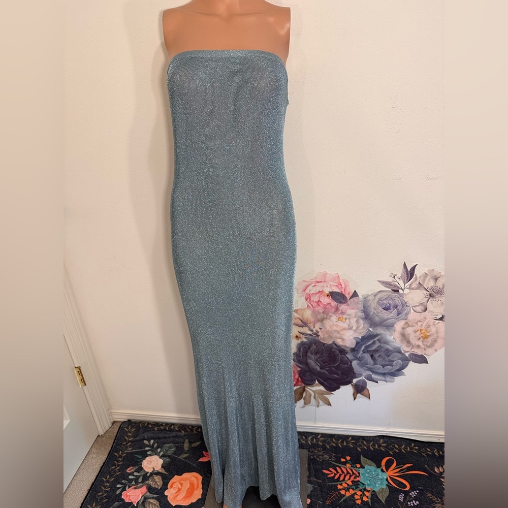 New SER.O.YA Narissa Metallic Knit Maxi Dress Sky Blue metallic, sheer strapless - Picture 5 of 10